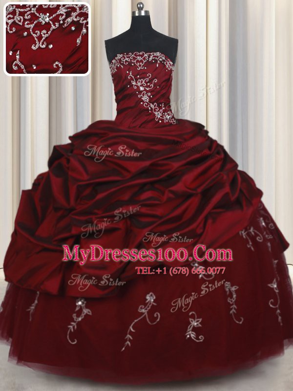 Pick Ups Strapless Sleeveless Lace Up Sweet 16 Dresses Wine Red Taffeta and Tulle
