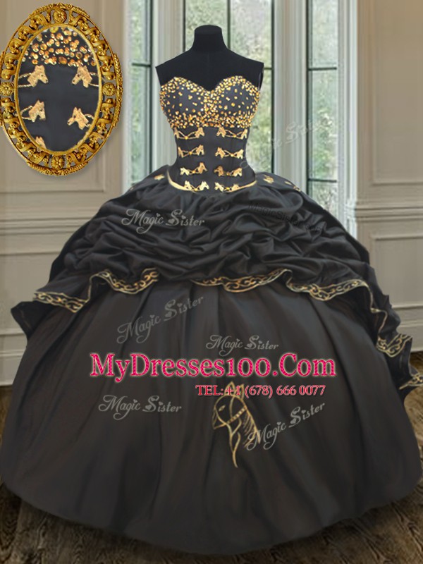 Custom Fit Taffeta Sleeveless Quinceanera Dresses Brush Train and Beading and Embroidery and Pick Ups