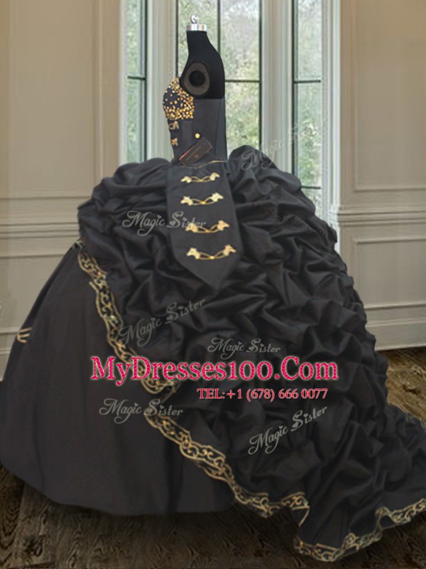 Custom Fit Taffeta Sleeveless Quinceanera Dresses Brush Train and Beading and Embroidery and Pick Ups