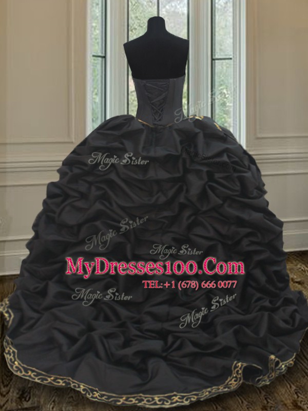 Custom Fit Taffeta Sleeveless Quinceanera Dresses Brush Train and Beading and Embroidery and Pick Ups