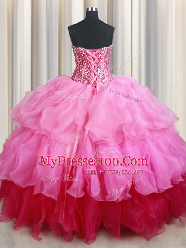 Dynamic Sequins Ball Gowns Sweet 16 Dress Rose Pink Sweetheart Organza Sleeveless Floor Length Lace Up
