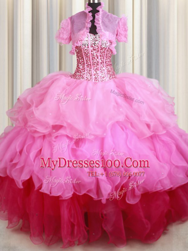 Dynamic Sequins Ball Gowns Sweet 16 Dress Rose Pink Sweetheart Organza Sleeveless Floor Length Lace Up