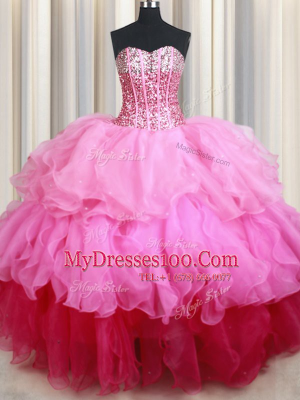 Dynamic Sequins Ball Gowns Sweet 16 Dress Rose Pink Sweetheart Organza Sleeveless Floor Length Lace Up