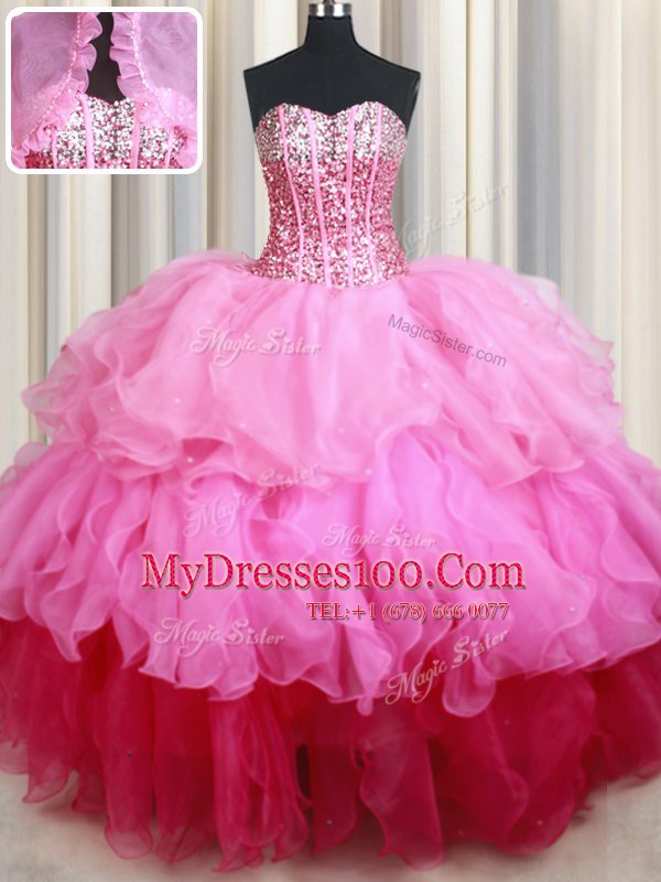 Dynamic Sequins Ball Gowns Sweet 16 Dress Rose Pink Sweetheart Organza Sleeveless Floor Length Lace Up