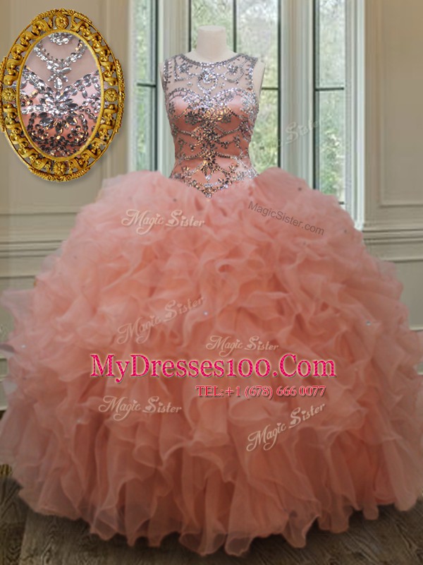 Stunning Scoop See Through Sleeveless Floor Length Beading and Ruffles Lace Up Sweet 16 Dresses with Peach