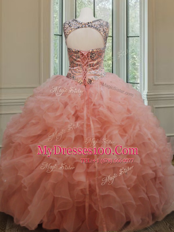 Stunning Scoop See Through Sleeveless Floor Length Beading and Ruffles Lace Up Sweet 16 Dresses with Peach