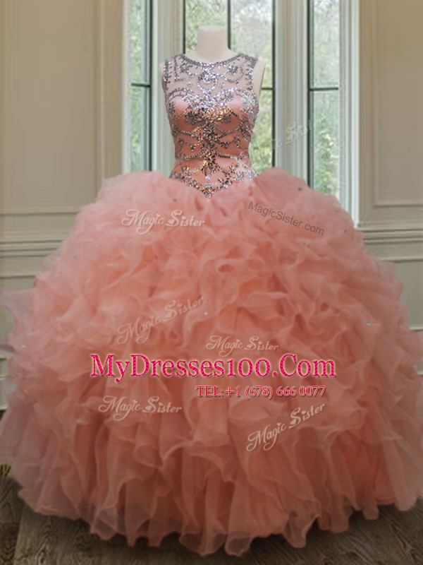 Stunning Scoop See Through Sleeveless Floor Length Beading and Ruffles Lace Up Sweet 16 Dresses with Peach
