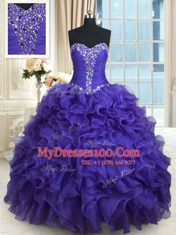 Fine Purple Lace Up Sweetheart Beading and Ruffles 15 Quinceanera Dress Organza Sleeveless