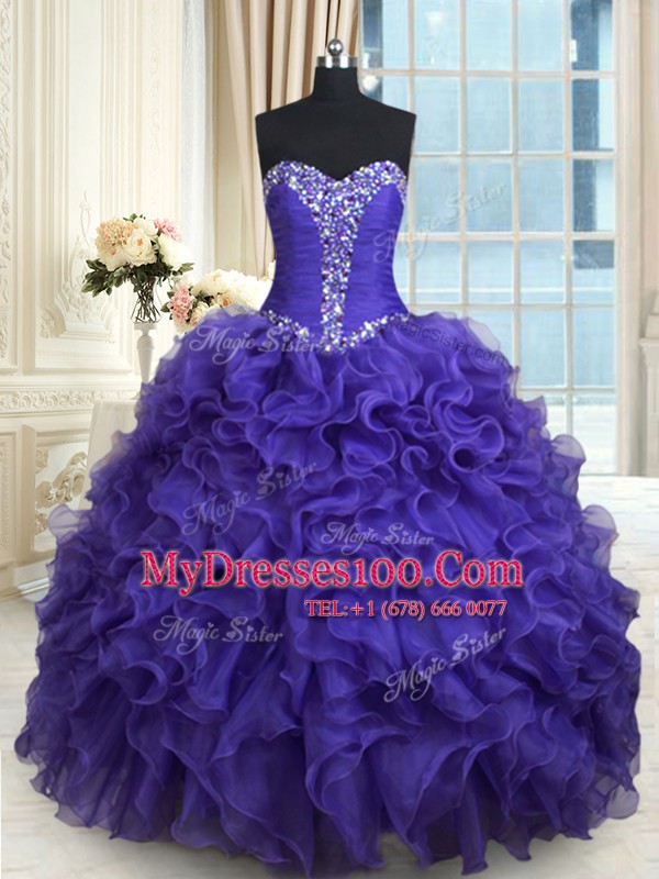 Fine Purple Lace Up Sweetheart Beading and Ruffles 15 Quinceanera Dress Organza Sleeveless