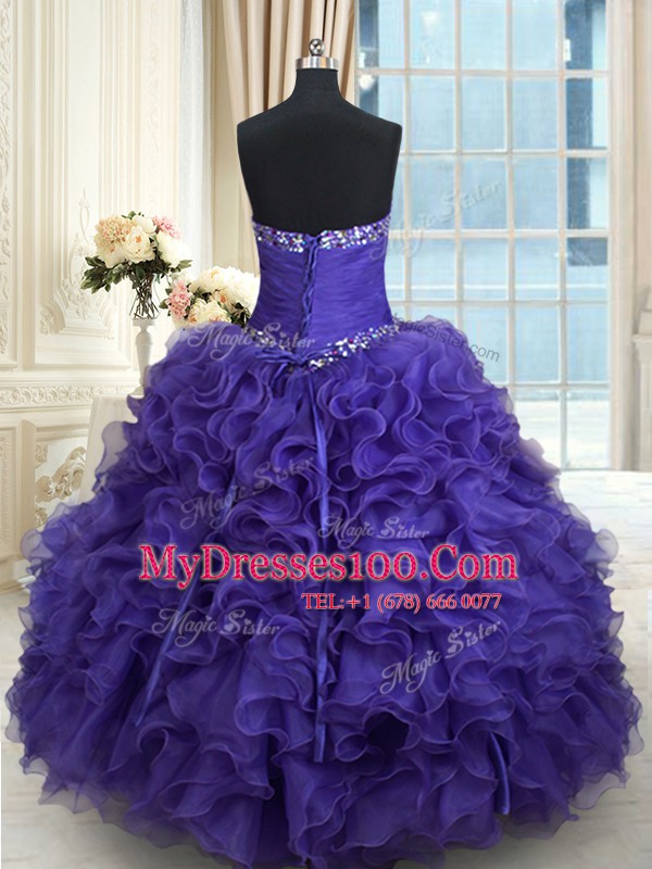 Fine Purple Lace Up Sweetheart Beading and Ruffles 15 Quinceanera Dress Organza Sleeveless