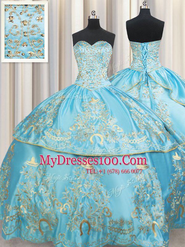 Aqua Blue Taffeta Lace Up Sweetheart Sleeveless Floor Length Sweet 16 Dress Beading and Embroidery