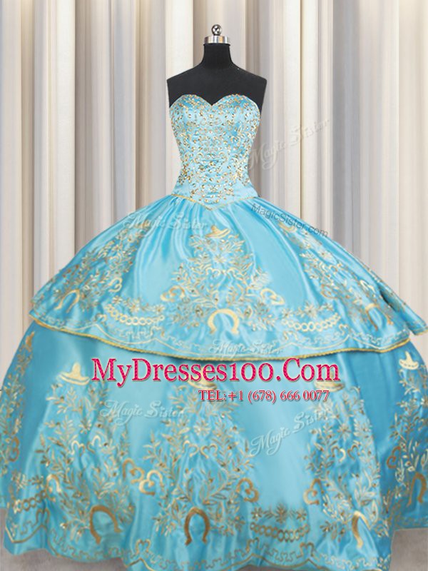Aqua Blue Taffeta Lace Up Sweetheart Sleeveless Floor Length Sweet 16 Dress Beading and Embroidery
