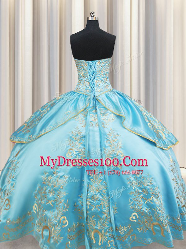 Aqua Blue Taffeta Lace Up Sweetheart Sleeveless Floor Length Sweet 16 Dress Beading and Embroidery