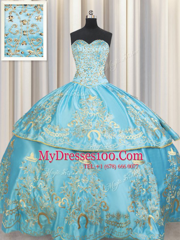 Aqua Blue Taffeta Lace Up Sweetheart Sleeveless Floor Length Sweet 16 Dress Beading and Embroidery