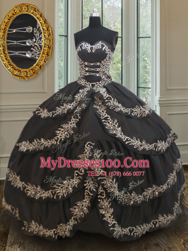 Black 15 Quinceanera Dress Military Ball and Sweet 16 and Quinceanera and For with Embroidery and Ruffled Layers Sweetheart Sleeveless Lace Up