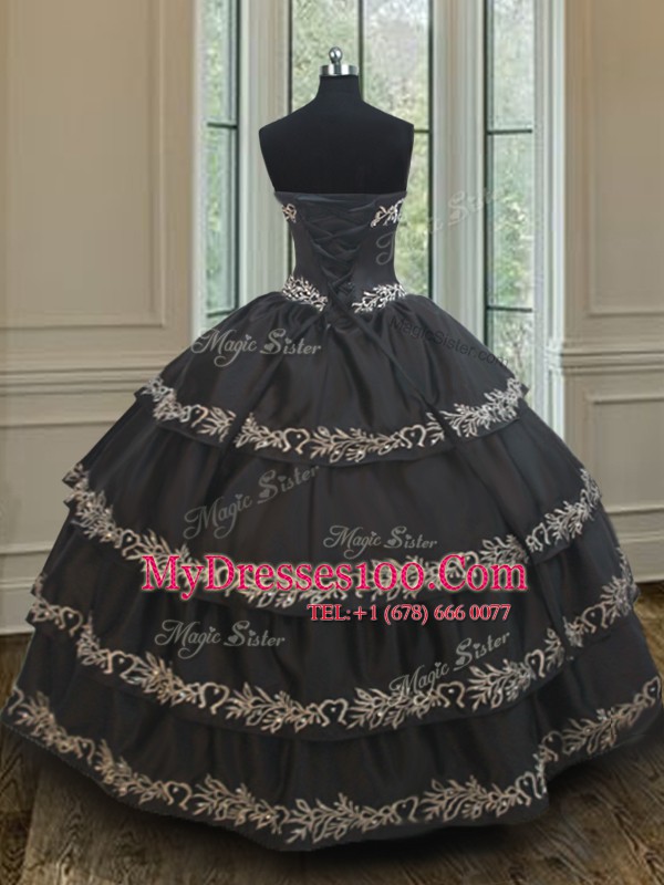 Black 15 Quinceanera Dress Military Ball and Sweet 16 and Quinceanera and For with Embroidery and Ruffled Layers Sweetheart Sleeveless Lace Up