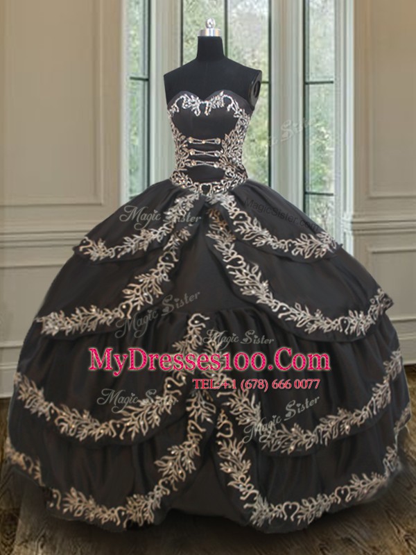 Black 15 Quinceanera Dress Military Ball and Sweet 16 and Quinceanera and For with Embroidery and Ruffled Layers Sweetheart Sleeveless Lace Up