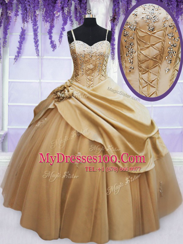 Beading and Appliques and Hand Made Flower Ball Gown Prom Dress Champagne Lace Up Sleeveless Floor Length