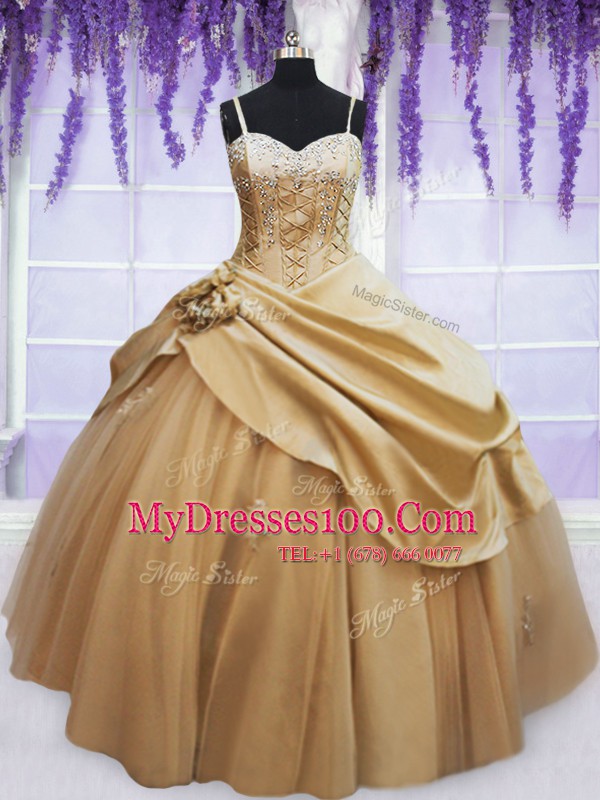 Beading and Appliques and Hand Made Flower Ball Gown Prom Dress Champagne Lace Up Sleeveless Floor Length
