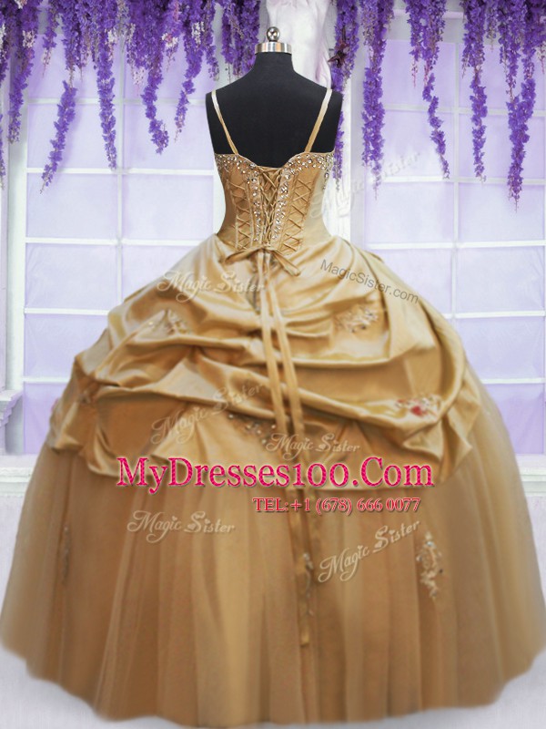 Beading and Appliques and Hand Made Flower Ball Gown Prom Dress Champagne Lace Up Sleeveless Floor Length