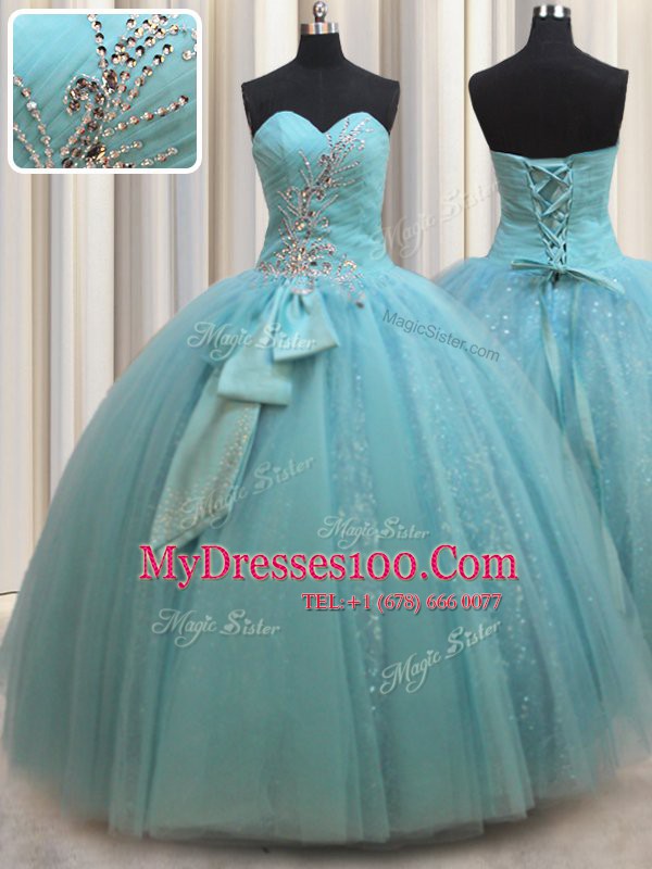 Custom Fit Tulle Sweetheart Sleeveless Lace Up Beading and Bowknot Quince Ball Gowns in Aqua Blue