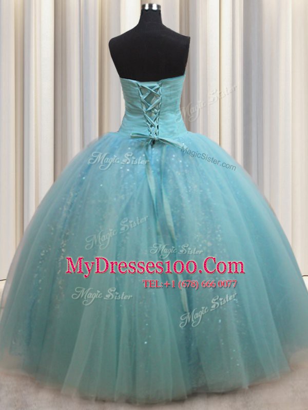 Custom Fit Tulle Sweetheart Sleeveless Lace Up Beading and Bowknot Quince Ball Gowns in Aqua Blue