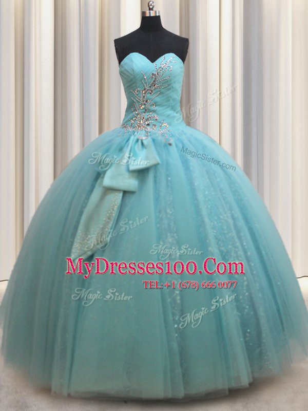 Custom Fit Tulle Sweetheart Sleeveless Lace Up Beading and Bowknot Quince Ball Gowns in Aqua Blue