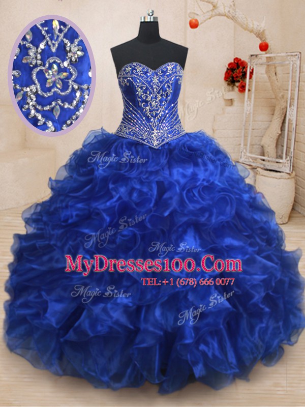 Elegant Organza Sweetheart Sleeveless Brush Train Lace Up Beading and Ruffles Sweet 16 Quinceanera Dress in Royal Blue
