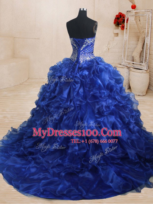 Elegant Organza Sweetheart Sleeveless Brush Train Lace Up Beading and Ruffles Sweet 16 Quinceanera Dress in Royal Blue