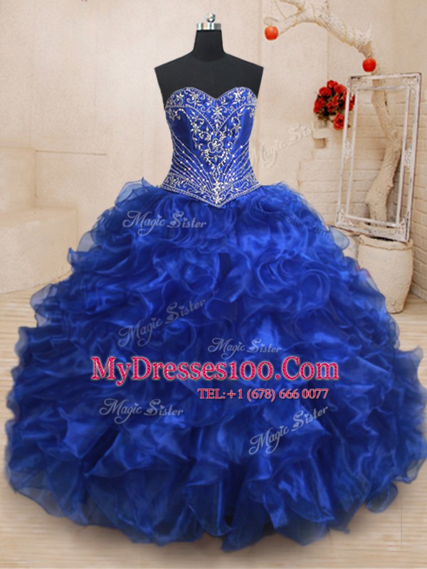 Elegant Organza Sweetheart Sleeveless Brush Train Lace Up Beading and Ruffles Sweet 16 Quinceanera Dress in Royal Blue