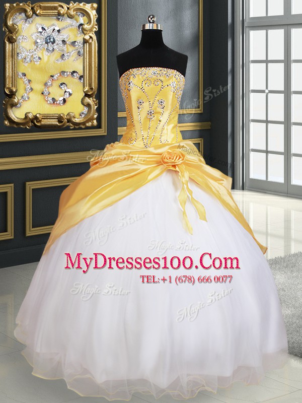Yellow And White Sleeveless Beading and Pick Ups and Hand Made Flower Floor Length Quinceanera Gown