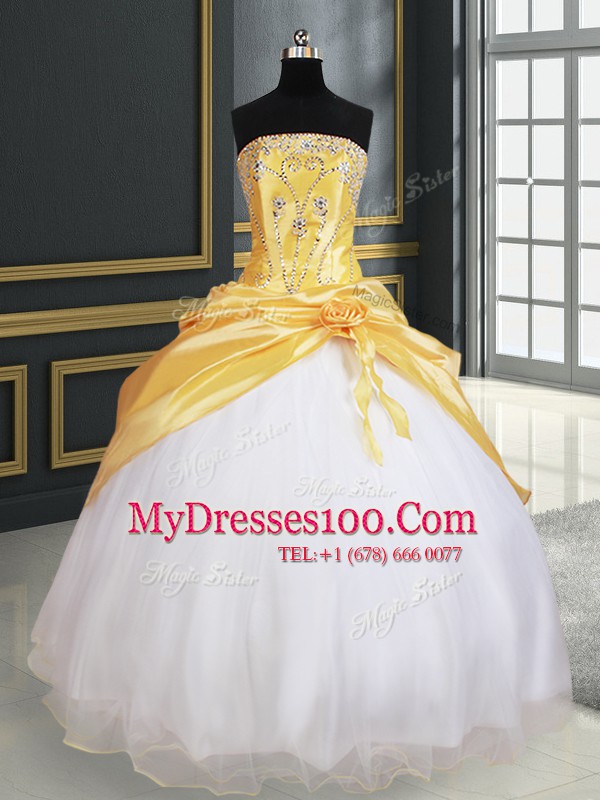 Yellow And White Sleeveless Beading and Pick Ups and Hand Made Flower Floor Length Quinceanera Gown