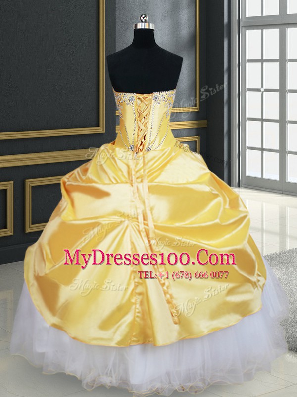 Yellow And White Sleeveless Beading and Pick Ups and Hand Made Flower Floor Length Quinceanera Gown