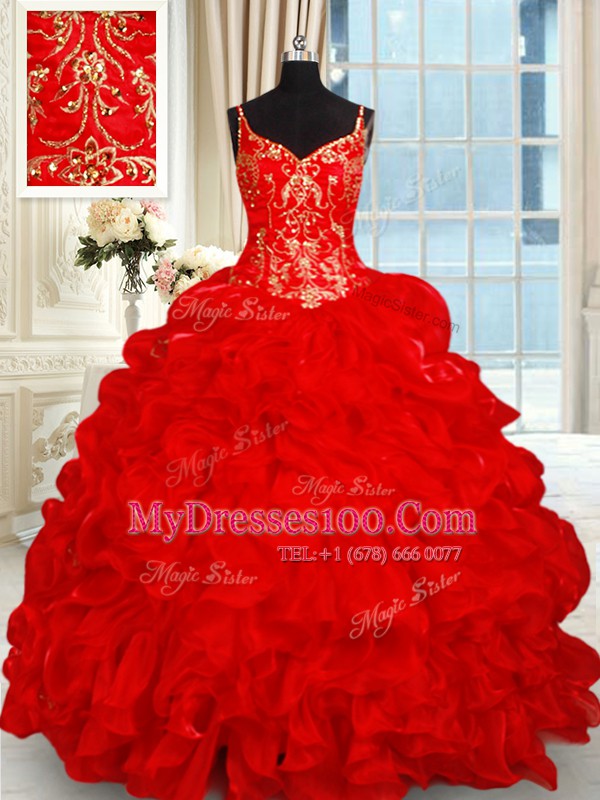 Pick Ups Red Ball Gown Prom Dress Spaghetti Straps Sleeveless Brush Train Lace Up