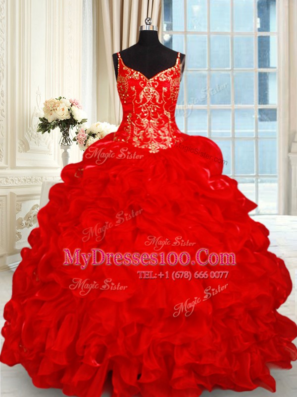 Pick Ups Red Ball Gown Prom Dress Spaghetti Straps Sleeveless Brush Train Lace Up
