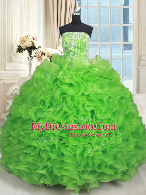 Pretty Organza Lace Up Strapless Sleeveless Floor Length Ball Gown Prom Dress Beading and Ruffles