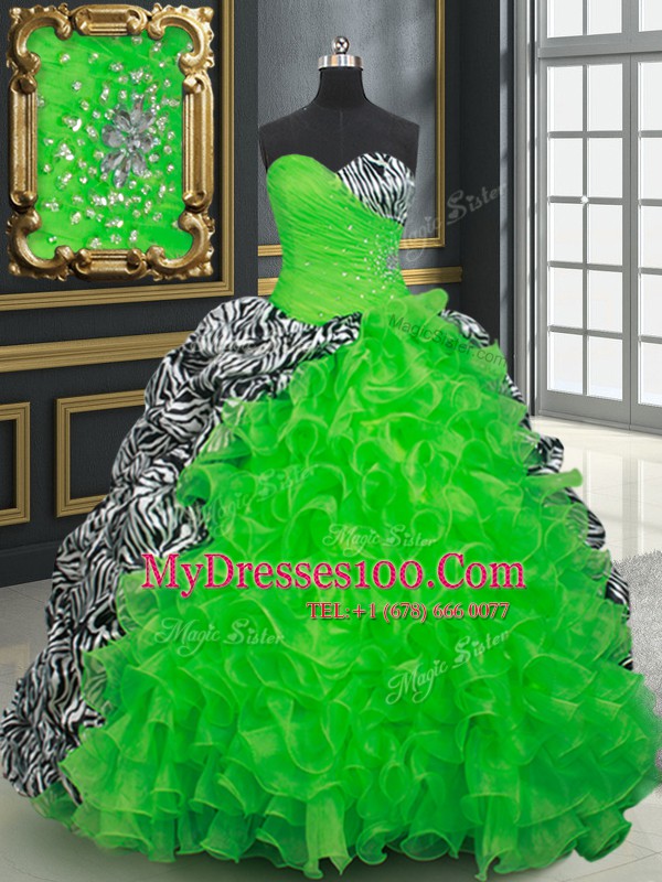 Spectacular Ball Gowns Organza and Printed Sweetheart Sleeveless Beading and Ruffles and Pick Ups Lace Up Quinceanera Dress Brush Train