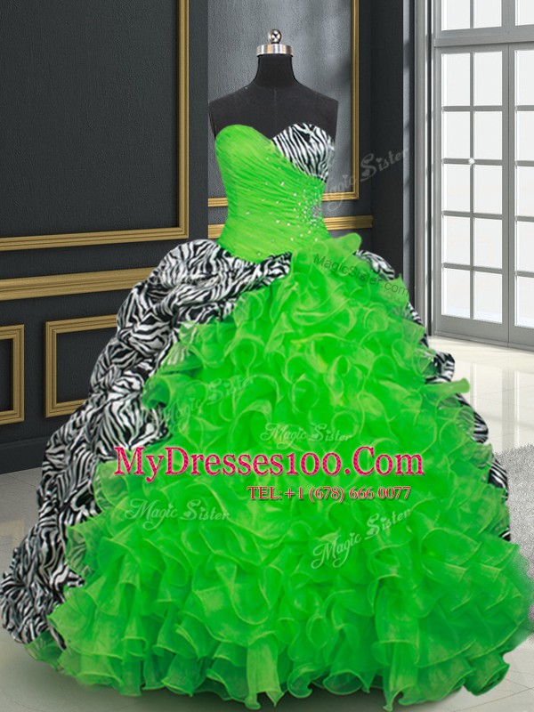 Spectacular Ball Gowns Organza and Printed Sweetheart Sleeveless Beading and Ruffles and Pick Ups Lace Up Quinceanera Dress Brush Train