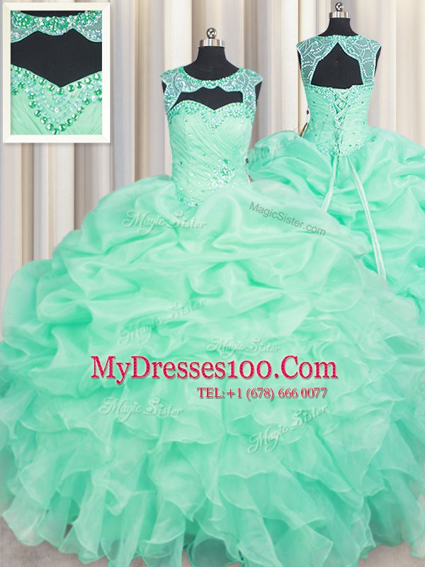 New Arrival Scoop Beading and Ruffles and Pick Ups Vestidos de Quinceanera Apple Green Lace Up Sleeveless Floor Length