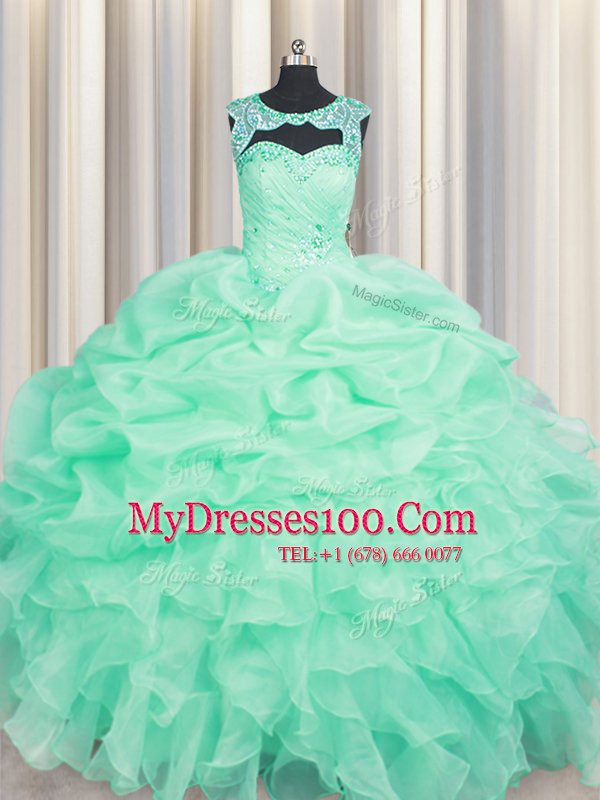 New Arrival Scoop Beading and Ruffles and Pick Ups Vestidos de Quinceanera Apple Green Lace Up Sleeveless Floor Length