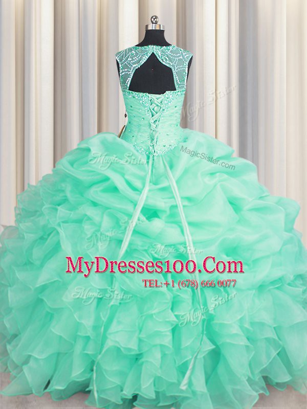 New Arrival Scoop Beading and Ruffles and Pick Ups Vestidos de Quinceanera Apple Green Lace Up Sleeveless Floor Length