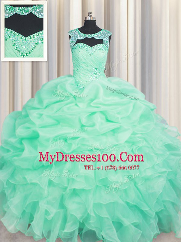 New Arrival Scoop Beading and Ruffles and Pick Ups Vestidos de Quinceanera Apple Green Lace Up Sleeveless Floor Length