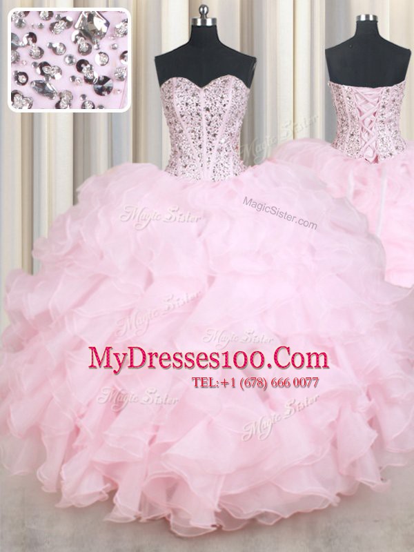 Sumptuous Baby Pink Ball Gowns Organza Sweetheart Sleeveless Beading and Ruffles Floor Length Lace Up Quinceanera Gowns