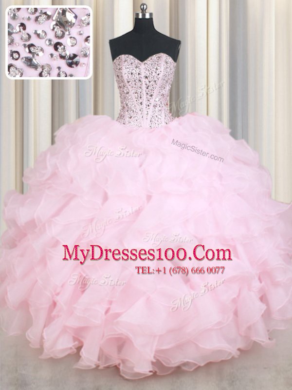 Sumptuous Baby Pink Ball Gowns Organza Sweetheart Sleeveless Beading and Ruffles Floor Length Lace Up Quinceanera Gowns