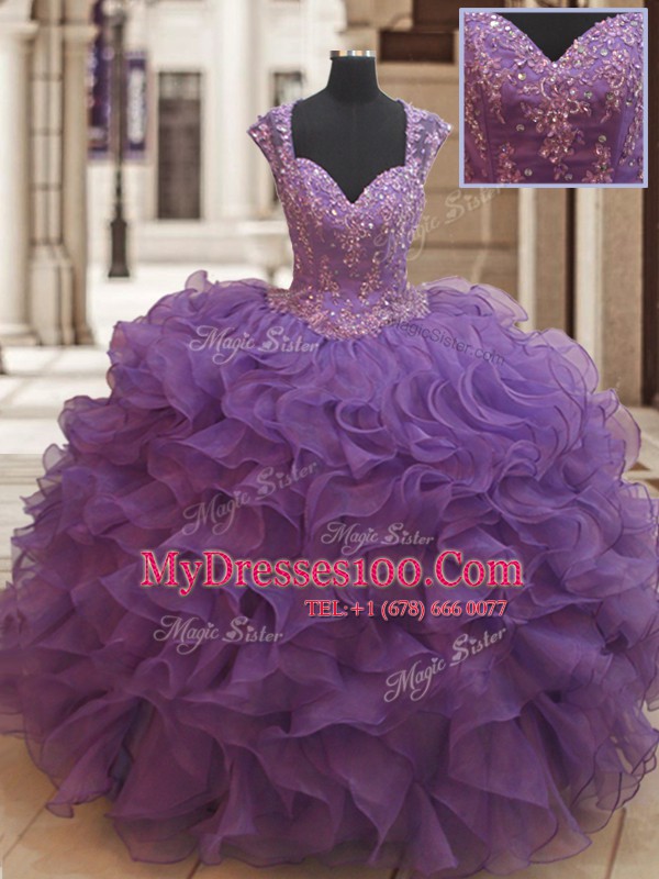 Cute Straps Eggplant Purple Cap Sleeves Organza Zipper Sweet 16 Dress for Military Ball and Sweet 16 and Quinceanera