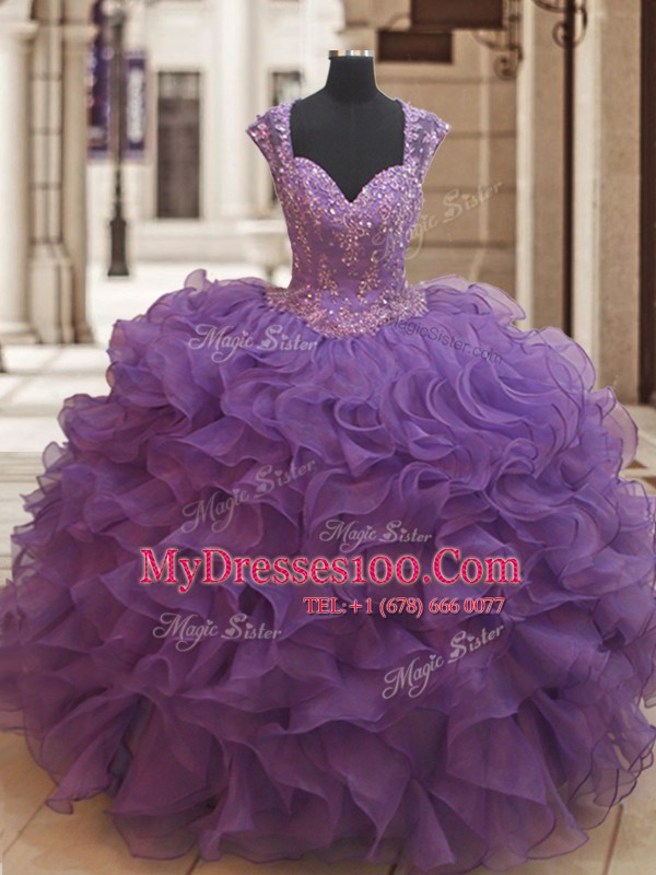 Cute Straps Eggplant Purple Cap Sleeves Organza Zipper Sweet 16 Dress for Military Ball and Sweet 16 and Quinceanera