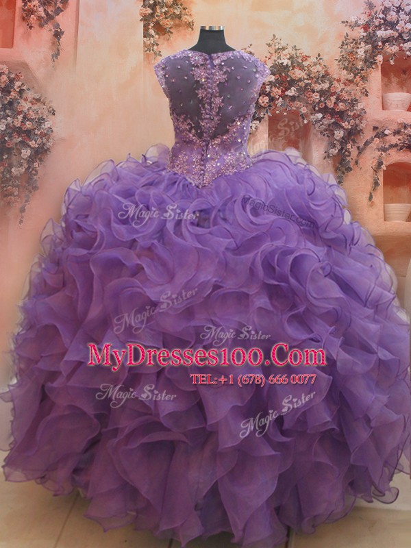 Cute Straps Eggplant Purple Cap Sleeves Organza Zipper Sweet 16 Dress for Military Ball and Sweet 16 and Quinceanera