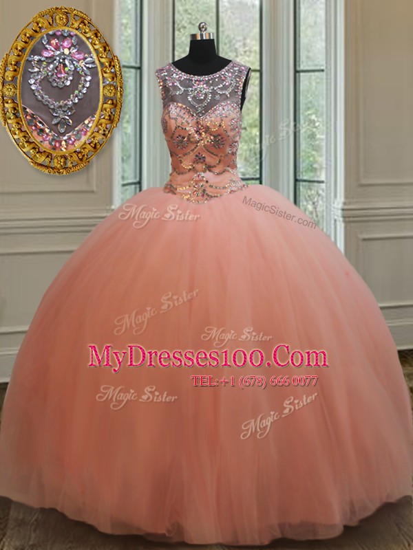 Peach Quinceanera Gown Military Ball and Sweet 16 and Quinceanera and For with Beading and Sequins Scoop Sleeveless Lace Up