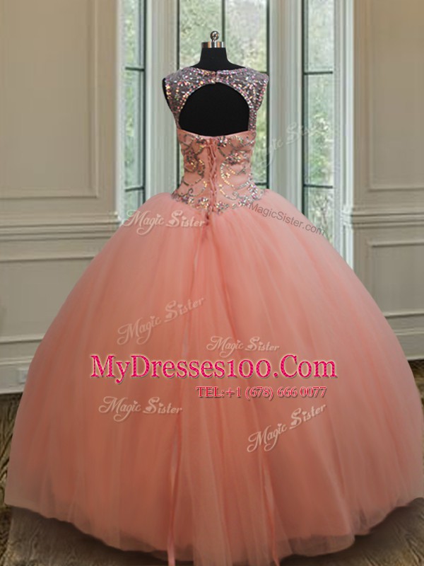 Peach Quinceanera Gown Military Ball and Sweet 16 and Quinceanera and For with Beading and Sequins Scoop Sleeveless Lace Up