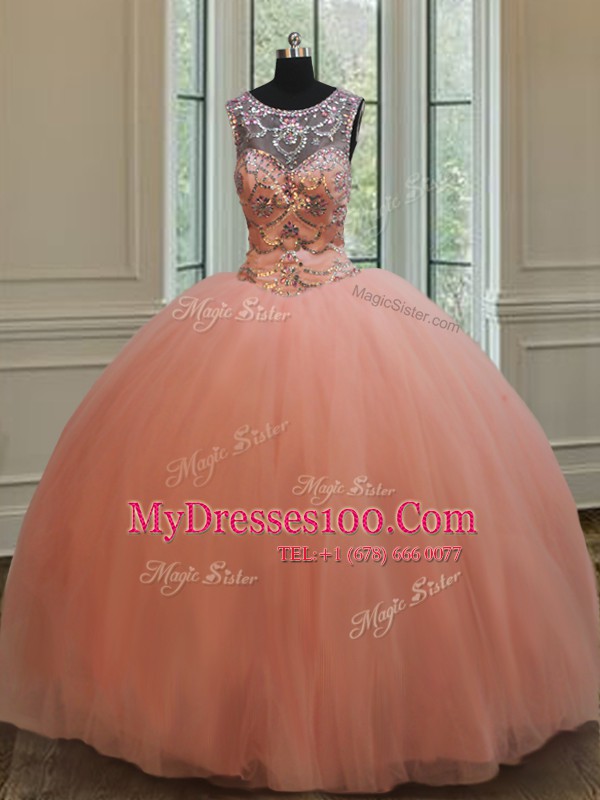 Peach Quinceanera Gown Military Ball and Sweet 16 and Quinceanera and For with Beading and Sequins Scoop Sleeveless Lace Up